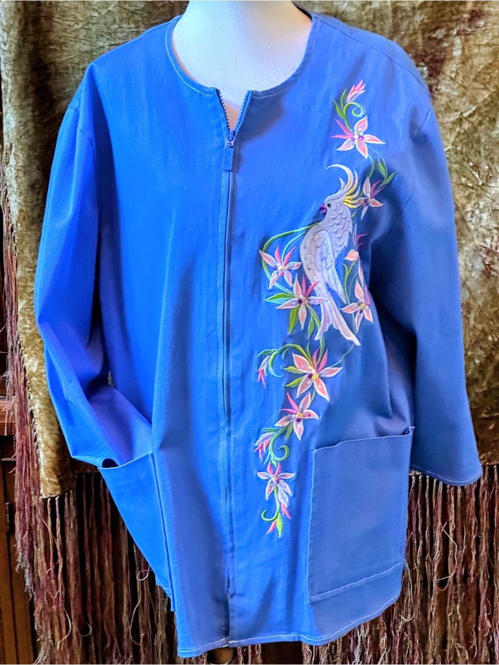 Bob Mackie Blue Embroidered Cockatoo Zip Jacket
